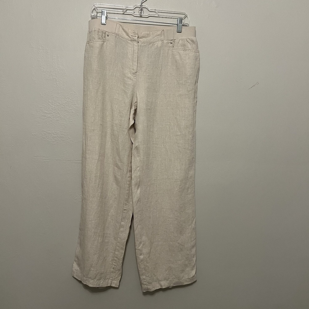 JM Collection Womens Beige 100% Linen Wide Leg Pants Size Medium Elastic Waist‎